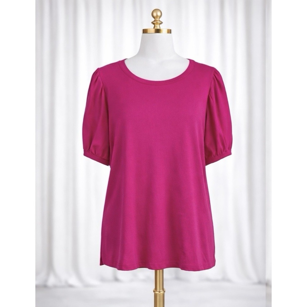 J.Crew Popover Top Pink Cotton Knit Blouse Puff Textured Sleeve Size XXL‎